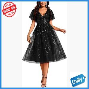 V-Neck A-Line Midi Sequin Cocktail Dress with Short Ruffle Sleeves